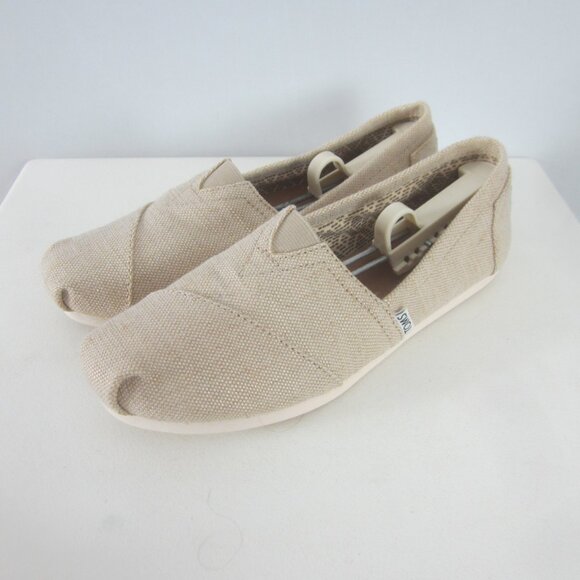 Toms Womens 8 Beige Slip On Rubber Soled Shoes Metallic Linen Flats Light Weight - Picture 1 of 12